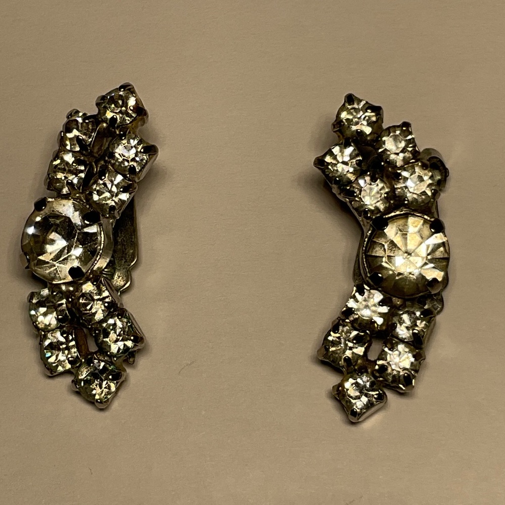 Silver Clip On Earrings with clear stones. 1.25 inches long